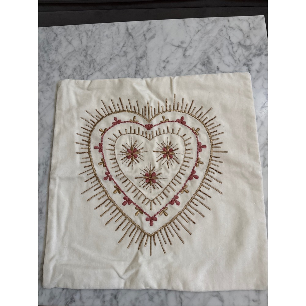 Pottery Barn Sarita Handa Heart Embroidered Beaded Pillow Cover Ivory 18x18